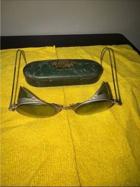 Antique Wilson Green Metal Goggles with Case